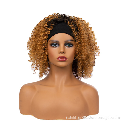 Wholesale Short Synthetic Kinky Curly Ombre Golden Blone To Brownish Red Hair Wigs With Headband For Women